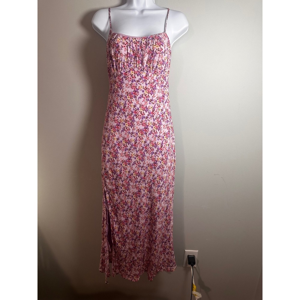 Petal + Pup Womens Floral Midi Dress Pink Purple Ruched‎ Open Tie Back Slit Sz 4